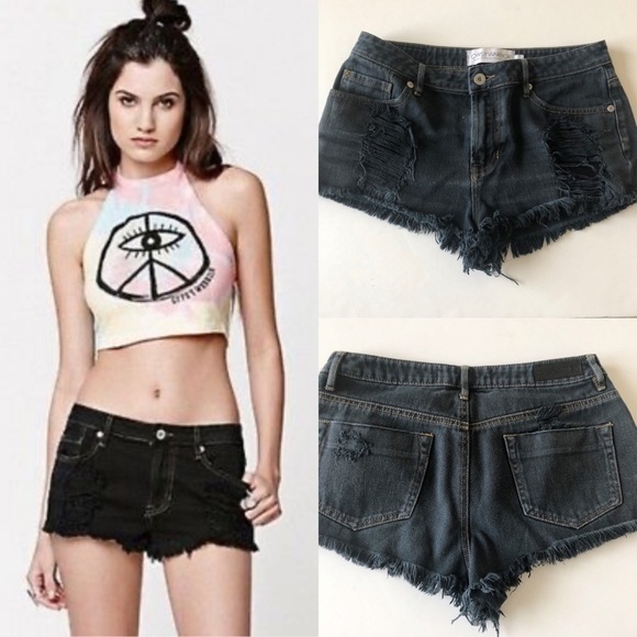 Gypsy Warrior Womens Junior Black Distressed Frayed Cut Off Denim Cutoff Short - Picture 1 of 9